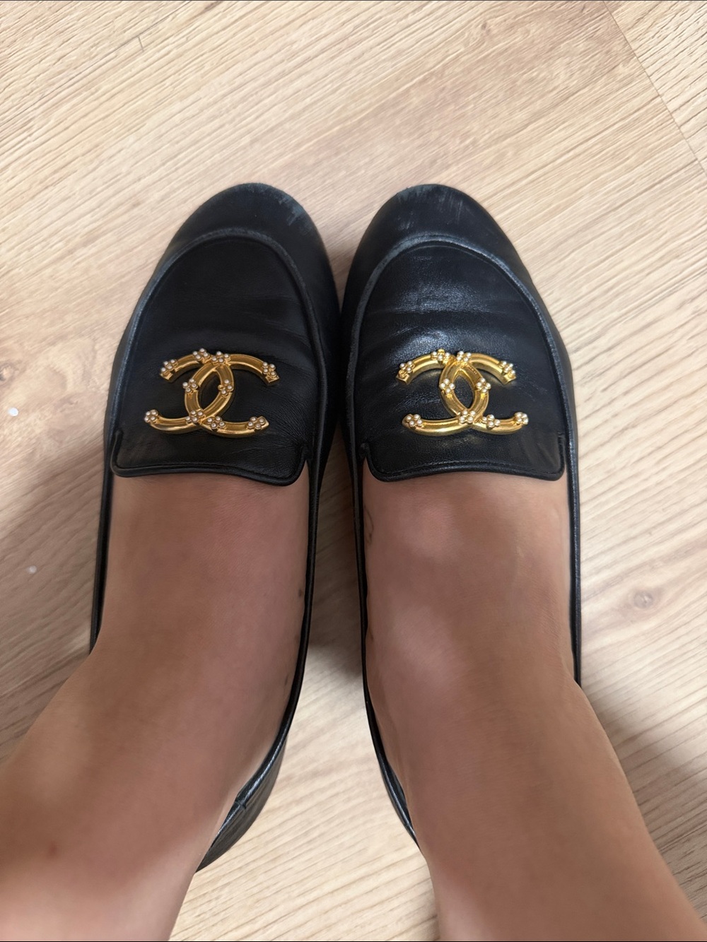 CHANEL Black Leather Loafers with Gold CC Logo - Picture 4 of 4